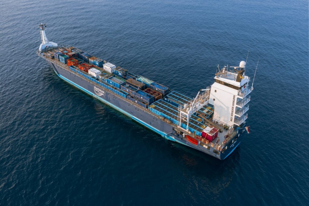 Aerial view of a cargo vessel at sea