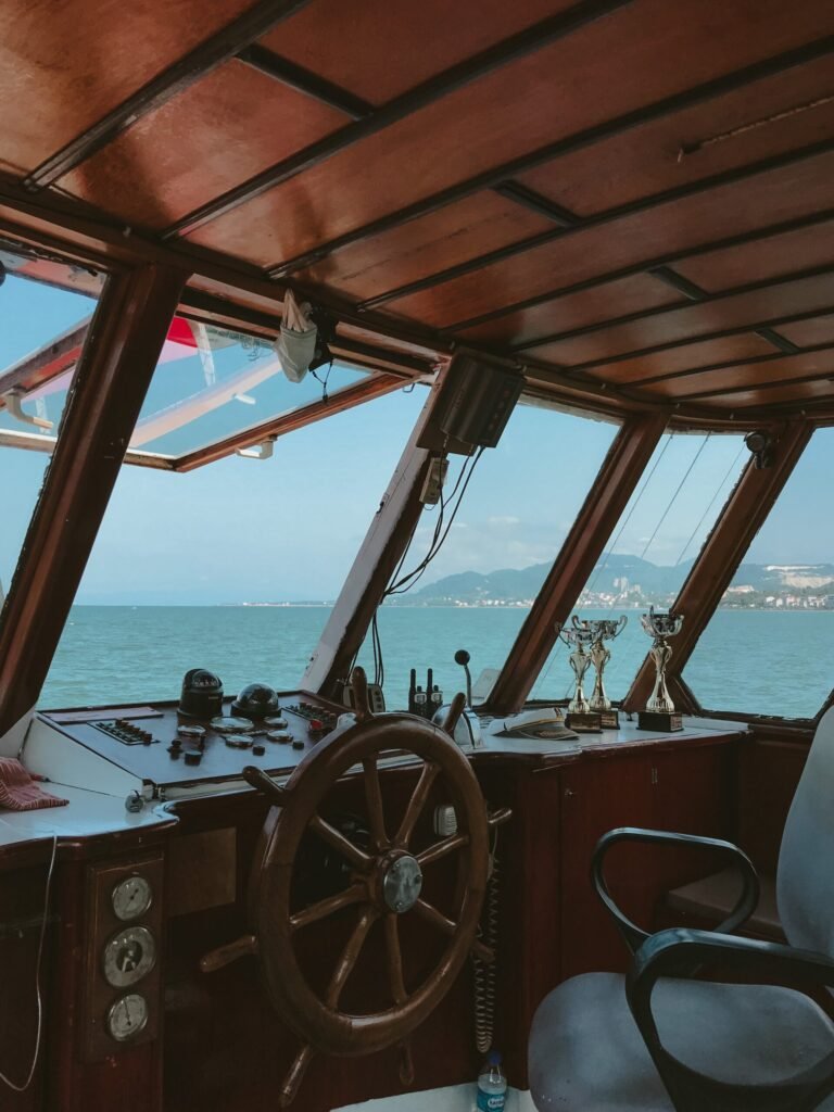 Ship's bridge with wheel and navigation controls