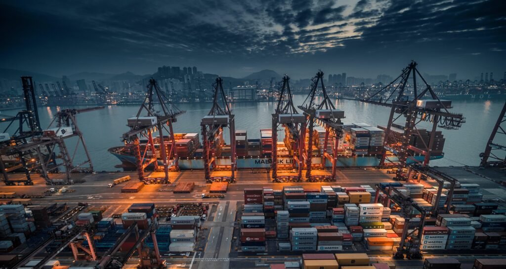 Gantry cranes loading containers at a terminal
